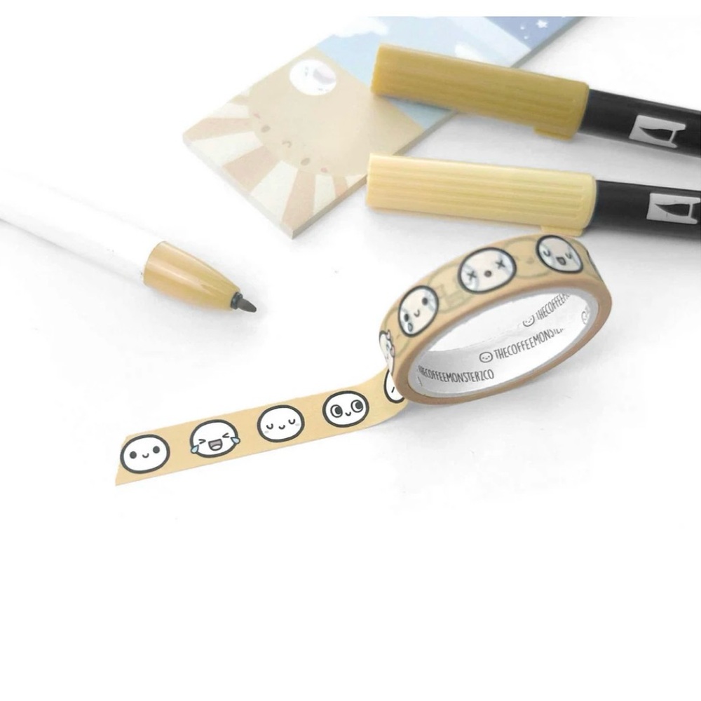 🆕 TheCoffeeMonsterzCo Honey Yellow Emoti Heads Sample Washi Tape - 10mm